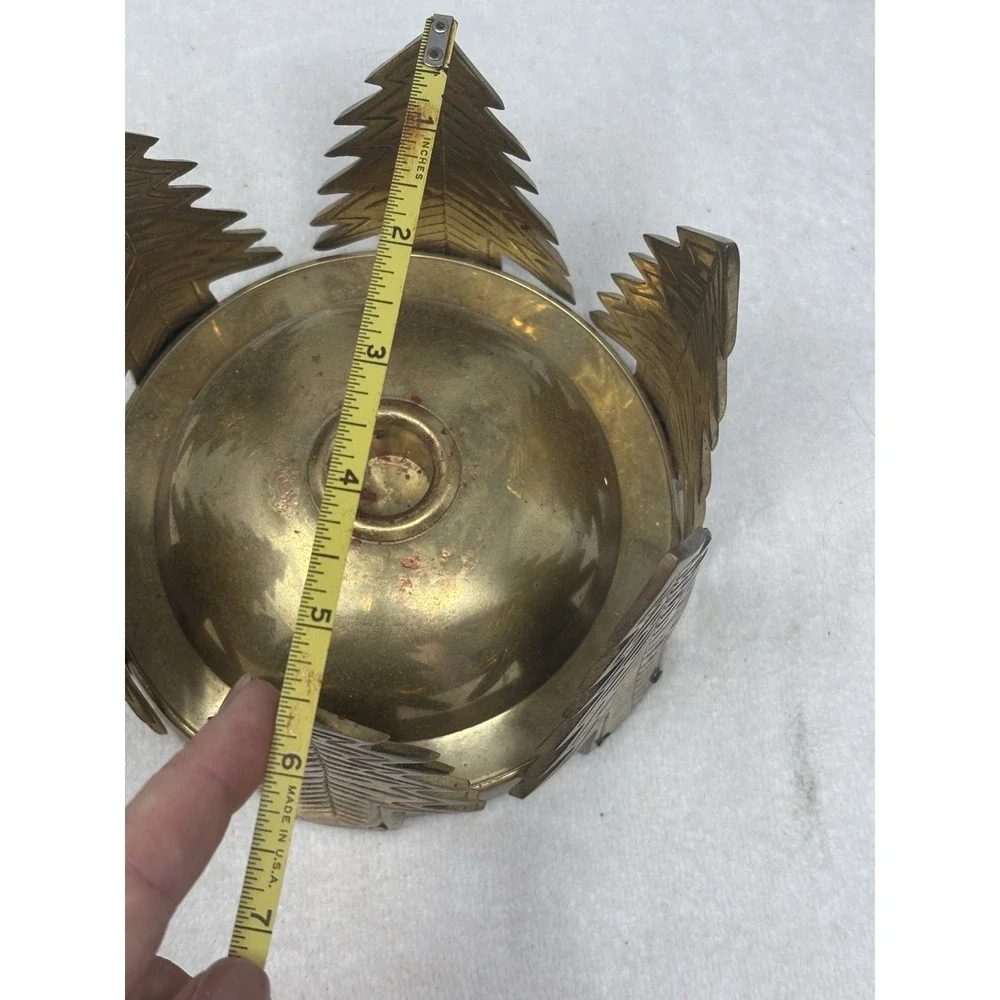 Vtg Round Brass Candle Holder Pine Trees‎ Hand Made India 6